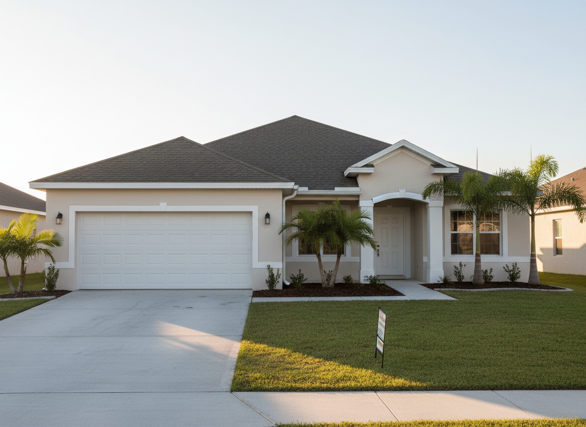 A well-maintained single-family rental home in Flagler County, Florida, with a freshly pressure-washed light beige exterior, dark shingle roof, and tidy landscaping of trimmed palms and green lawn. The house is viewed from the driveway at eye level, with a clean two-car garage door and a neat concrete path leading to a sheltered front entry. Late afternoon golden sunlight creates gentle highlights on the stucco and soft shadows from the palm trees. A discreet, neutral “For Rent” style yard sign is present but without readable text. The photographic realism emphasizes a calm, professional mood, with sharp focus throughout and a clean, modern aesthetic ideal for a real estate investor–focused property management website hero image.
