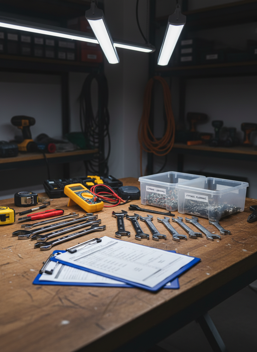 A detailed close-up of a professional property maintenance toolkit laid out on a sturdy wooden workbench in a tidy garage, representing vendor coordination and repairs. The kit includes neatly arranged wrenches, a digital multimeter, labeled storage bins with screws and fittings, and a clipboard with non-readable inspection forms. Overhead LED lighting bathes the scene in clean, bright light, creating crisp reflections on metal surfaces and clear shadows beneath each tool. The camera is positioned from a slightly elevated angle with shallow depth of field, keeping the central tools in sharp focus while the background shelves of organized supplies blur softly. The atmosphere is competent, efficient, and problem-solving oriented, in realistic photographic style.