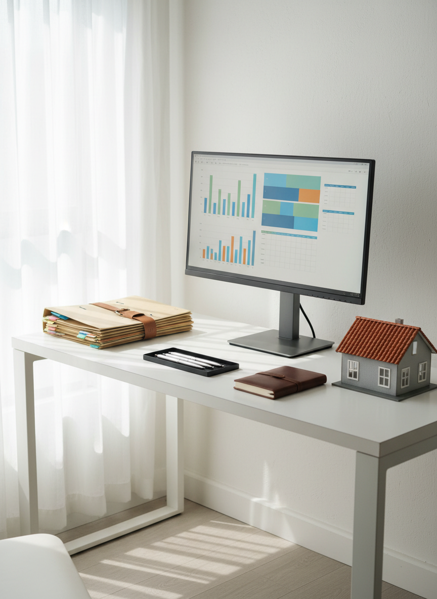 A bright, modern home office corner representing professional property management, featuring a large, slim computer monitor displaying abstract charts and calendar blocks without readable text, a neat stack of rental folders, and a small model house with a realistic roof and windows. The white desk surface is immaculate, with a single pen tray and a closed leather notebook. Soft daylight filters through a nearby window with sheer curtains, casting diffused, natural light and subtle shadows. Shot from a slightly elevated angle in photographic realism, the composition follows the rule of thirds, creating an organized, efficient, and trustworthy atmosphere that suggests leasing coordination, accounting, and long-term management without showing any people.