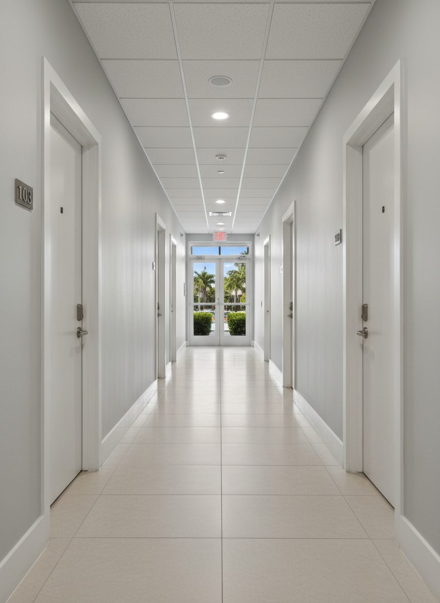 A clean, well-lit corridor in a professionally managed coastal Florida apartment building, with smooth light-gray walls, polished tile floors, and evenly spaced modern doors, each with sleek metallic hardware and neutral unit numbers that are not legible. Recessed ceiling lights cast soft, even illumination, creating a sense of safety and order. At the end of the hallway, a subtle glimpse of greenery and daylight suggests access to outdoor common areas. The image is captured at eye level with strong linear perspective leading down the hall, in crisp photographic realism. The mood is calm, secure, and reliable, visually communicating well-maintained long-term rentals and attentive property management.
